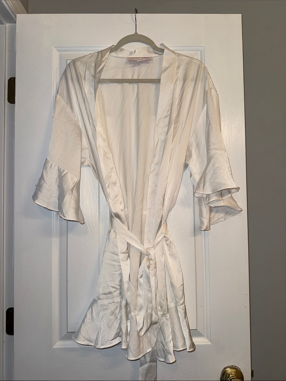 Birdy Grey White Satin Bridal Robe with Ruffle Hem